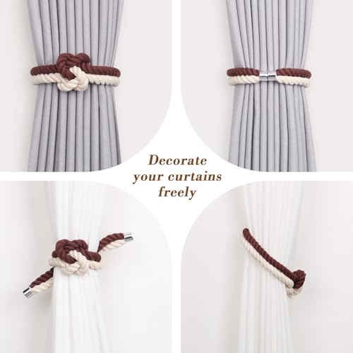 NICEEC Cotton Rope Magnetic Curtain Tiebacks, 4 Pack, Coffee & Beige - color: Coffee & Beige, size: 4 Pack