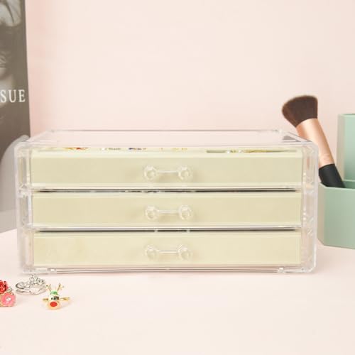 Weiai 3 Drawer Acrylic Jewelry Box Organizer Earring Storage Case Tray for Women - color: Beige