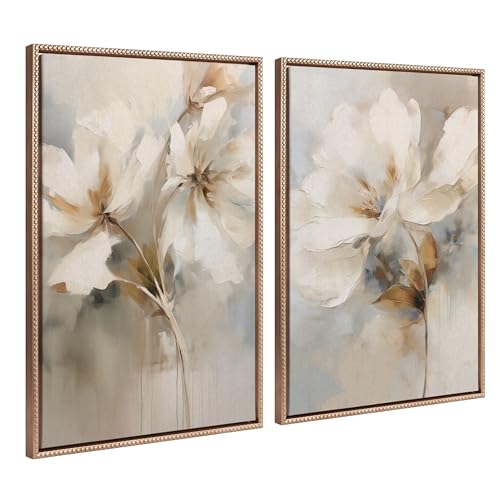 Kate and Laurel Sylvie Beaded Abstract Botanical Floral Linen Painting 1 and 2 Vintage Framed Canvas Wall Art Set by The Creative Bunch Studio, 2 Piece Set 23x33 Gold, Simple Floral Art for Wall - color: Beaded Gold, size: 2 Piece Set 23x33