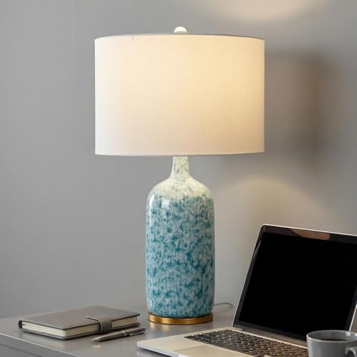 Modern Farmhouse Ceramic Table Lamp, 26" Tall Blue & White Kiln Glaze Bedside Lamp with Linen Shade, Contemporary Accent Lamp for Living Room Bedroom - color: Blue