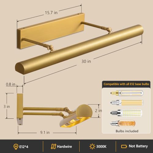 30 inch Hardwired Picture Light for Wall Brass Picture Lighting - color: Brass, size: 30in