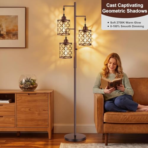 72" Industrial Tree Floor Lamp, Dimmable Farmhouse Tall Standing Lamp with Quatrefoil Cutout Shades & Rotary Dimmer Knob, Corner Light for Living Room Bedroom, 3 x800LM Bulbs Included-Brown - color: Oil-Rubbed Bronze (800LM), size: 72"
