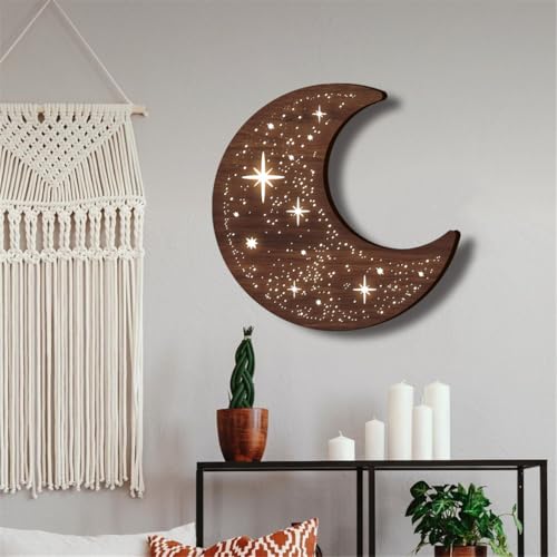 Wooden Moon Phase Wall Art Decor, LED Wood Night Light Wall Sculptures (A) - color: A