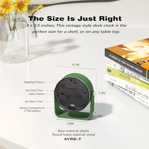 AYRELY® 3.5" Small Analog Travel Alarm Clock, Battery Operated Desk Clock - color: Dark Green