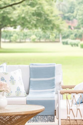 Hofdeco Premium Coastal Decorative Throw Blanket for Patio Couch Sofa, Baby Blue White Pinstripes with Fringe, 52"x71" - color: Baby Blue White Pinstripes 52"x71"
