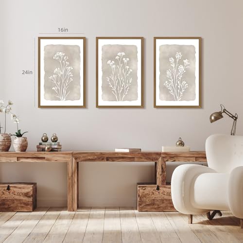 Grajoy Wood Framed Minimalist Neutral Wildflower Wall Art 12x16 In Set of 3 - color: BohemianPlant, size: 16"L x 12"W