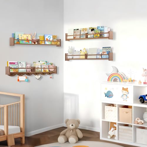 34Inch Nursery Book Shelves Wall Mounted, Floating Book Shelf for Kids Coat Rack with 6 Hooks, Wall Hanging Shelf for Baby Nursery Room Organizer ,Patent Number:US-D1058229-S(4, Light Brown) - color: Light Brown