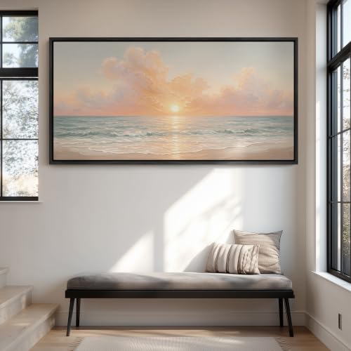 wall26 Extra Large Framed Wall Art Canvas Print - Soft Pastel Sunset Beach Coastal Seascape - Contemporary Artwork for Living Room Bedroom Office - 60"x30" Black - color: A07-2607-YUK17, size: 60"L x 30"W, style: Black Frame