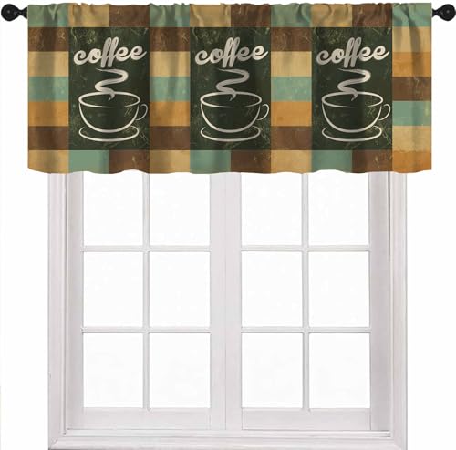 Retro Coffee Valances Curtains, Abstract Coffee Cups Teal Brown Background Rod Pocket Window Treatment Valance for Kitchen Dinning Room Living Room Bedroom Cafe, 54x18 Inch - color: Coffee-6, size: 53"W x 18"L (Pack of 1)