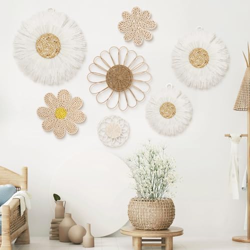 Chunful 7 Pcs Boho Wall Basket Decor Rattan Flower, Milky White - color: Milky White