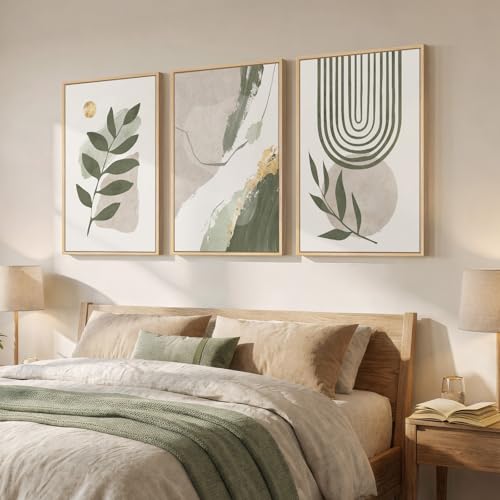 Large Framed Abstract Boho Sage Green Wall Art for Living Room, 24x36 Inch - color: Green Gold, size: 36" H x 24" W x 3Pcs