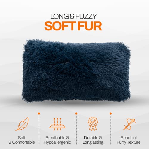 Cheer Collection Throw Pillows for Couch and Bed, Soft Shaggy Throw Pillows with Inserts Included, Cozy Long Hair Faux Fur Pillows - Set of 2-12" x 20" - Navy Blue - color: Navy Blue, size: 12" x 20"