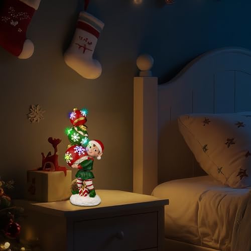 YUETJIN 12" Christmas Elf Figurine with Color-Changing Stacked Ornaments