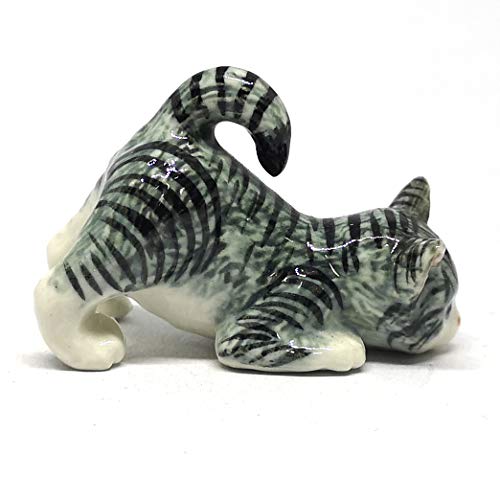 Handmade Ceramic Gray Miniature Tabby Cat Figurine, Shelf Decor