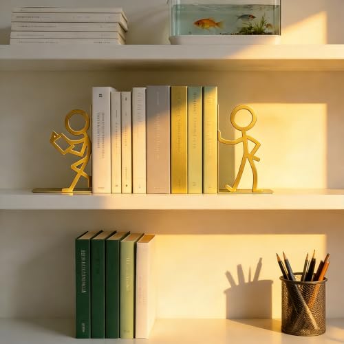 2 Pcs Metal Bookends and Heart Bookmark,Book Ends for Book Shelf,Golden - color: Gold Readers