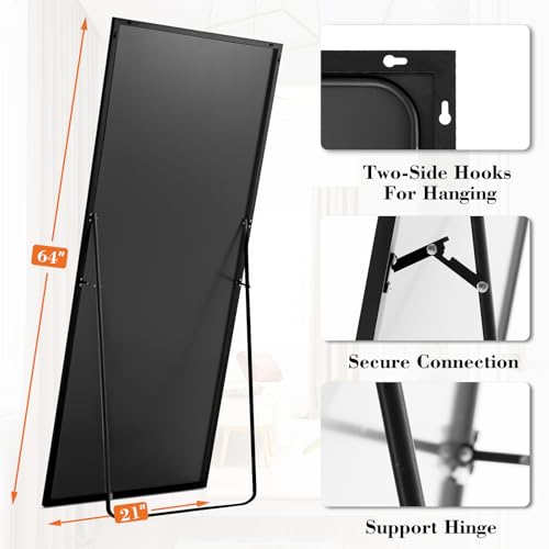 21"x64" Mirror Full Length, Upgraded Body Wall Mirrors - color: Black-rect, size: 64"L x 21"W