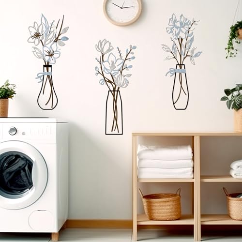 3 Pieces Metal Flowers Wall Art for Bathroom (Blue Brown) - color: Blue Brown