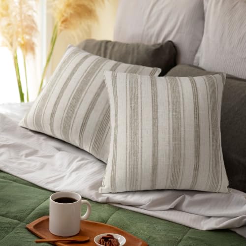 AELS 22x22 Decorative Farmhouse Linen Throw Pillow Covers, Beige with Brown Chenille Striped Pillow Case, Set of 2, Boho Textured Cushion Cover for Sofa Couch Living Room (Cover ONLY) - color: Beige With Brown, size: 22" x 22" (Pack of 2)