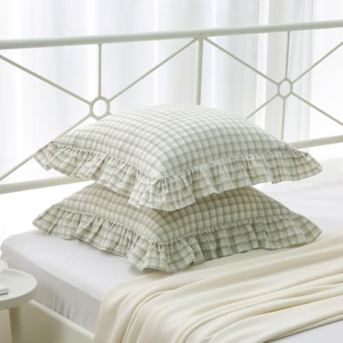 Mywinlle Gingham Ruffle Throw Pillow Shams, Muted Sage Green, 18"x18" - color: Muted Sage Green Gingham, size: 18" x 18" (Pack of 2)