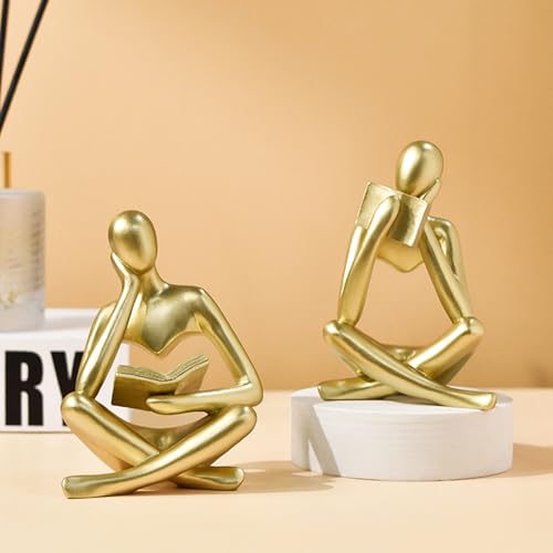 2-Piece Gold Resin Seated Reading Figurines with Books, Bookshelf Decor - color: Gold