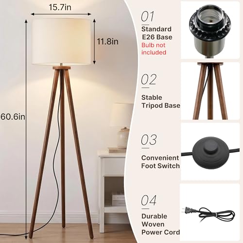 Buruis 60.6 Inch Walnut Wood Tripod Floor Lamp with Linen Drum Shade, Cream - color: Cream