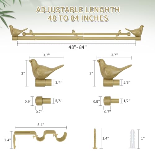 3/4" Diameter Farmhouse Double Window Treatment Curtain Rod, Bird Finials (48"-84", Cottage) - color: Cottage, size: 48"-84"