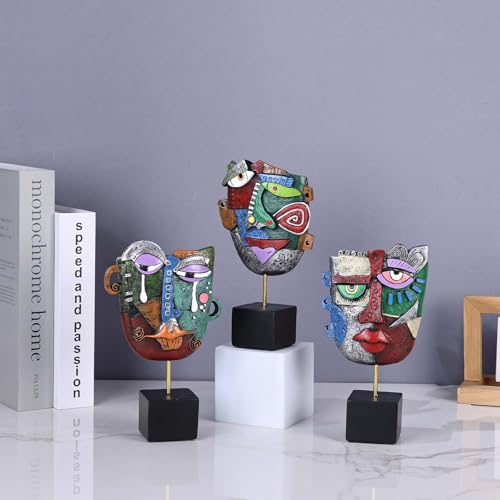 3PC Abstract Face Sculptures, Afrocentric Pop Art Decor, Modern Resin Statue Handcrafted Table Sculpture, Bookshelf Decor, TV Stand Ornaments, Artsy Coffee Table, Living Room Accent, Cabinet