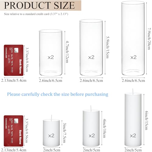 Set of 6 White Pillar Candles with Clear Glass Hurricane Holders- Elegant Cylinder Candle Vases for Weddings, Parties, Centerpieces, Home & Office Decor (White, 6 Set) - color: White