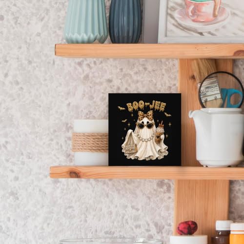 Preppy Halloween Leopard Bow Ghost Wood Box Sign Desk Decor 5X5 - color: Glam Ghost