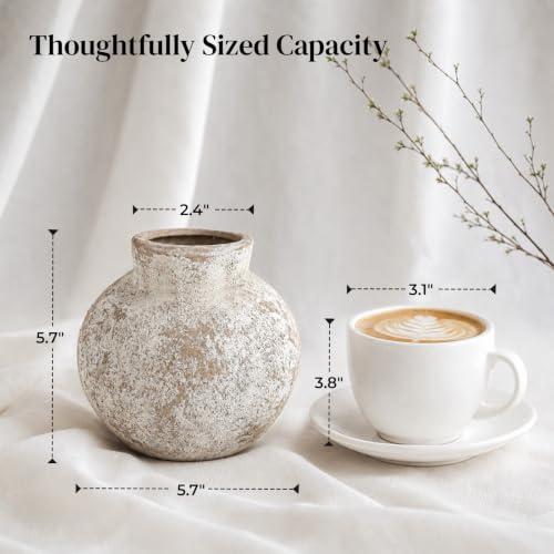 DOWAN 5.7'' Rustic Vintage Ceramic Vase for Home Decor, Distressed Textured Decorative Accent, Minimalist Farmhouse Pottery Neutral Flower Vase for Living Room, Shelf, Mantel & Entryway, Gray - size: 5.7''