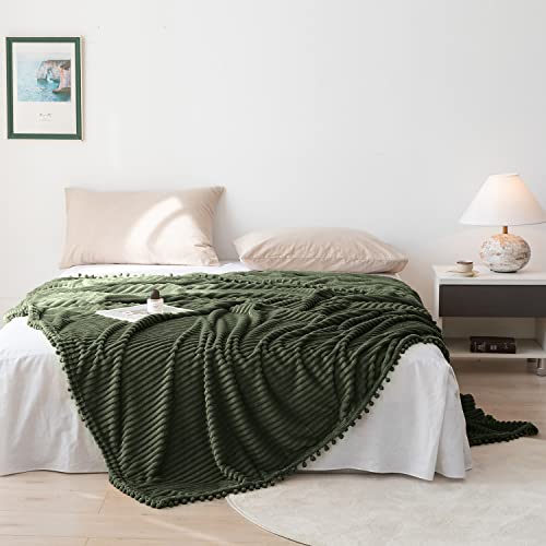 DISSA Fleece Blanket Throw Size – 51x63, Olive Green – Soft, Plush, Fluffy, Fuzzy, Warm, Cozy – Perfect Throw for Couch, Bed, Sofa - with Pompom Fringe - Flannel Blanket Throw Blanket - color: Olive Green, size: 51x63"