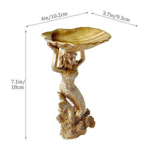 Jewelry Dish, Resin Mermaid Shell Dish Ring Holder Jewelry Organizer Trinket Dish, Golden Mermaid Shell Statue Home Decor for Home Office Desktop Bookshelf - color: Large Mermaid