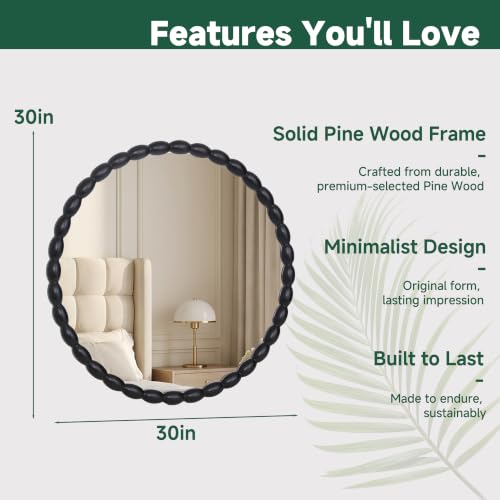 30"x30" Round Solid Wood Farmhouse Decorative Wall Mirror - color: Beaded-black, size: 30"L x 30"W