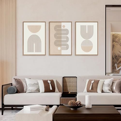 CHDITB Framed Boho Wall Art Set of 3, 24"x36" Beige Mid Century Modern Wall Decor, Abstract Geometric Line Wall Painting, Large Neutral Bohemian Canvas Art Print for Living Room, Bedroom, Office - color: Beige Geometric Line, size: 24"L x 36"W