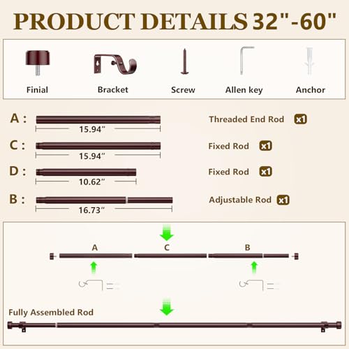 2 Pack Curtain Rods for Windows 32-60 Inch, 1 Inch Adjustable Brown Curtain Rod Set with Brackets, Easy Install - color: Brown, size: 32"-60"/2 Pack