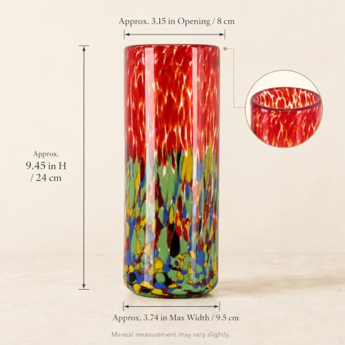 9.45in H Sea Glass Cylinder Vase Unique Hand Blown Glass Vase for Flower - color: Red Green