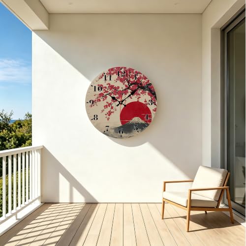 12" Silent Wall Clock, Round Wall Clock, Mount Fuji Cherry Blossom - color: Mount Fuji Cherry Blossom
