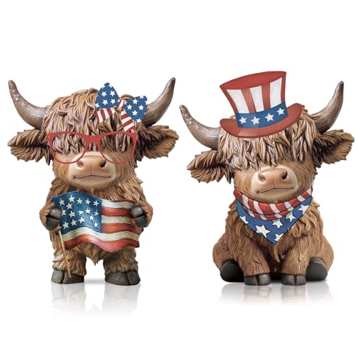 Karenhi 2 Pcs 4th of July Highland Cow Figurines Resin Tabletop Decor - style: 4th of July