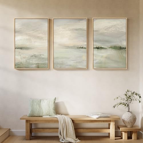 Large Framed Sage Green Abstract Landscape Wall Art, 3 Piece Set, 20x30 In - color: Warm Green, size: 20" W x 30" H x 3pcs