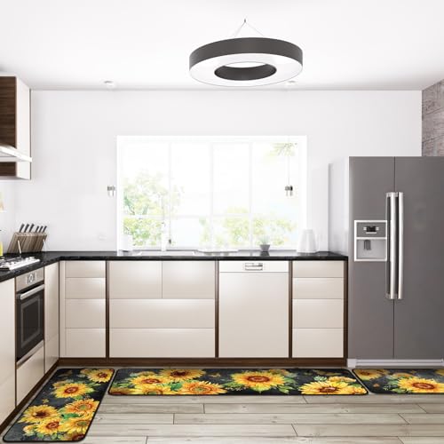 Fourluoo 3 Pcs Sunflower Kitchen Rugs and Mats Decor Set Black Sunflower - color: Sunflower
