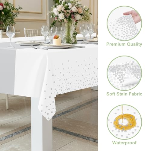 Smiry Disposable Rectangle Plastic 54 x 108 Inch Table Cloth 3 Pack - color: White and Sliver