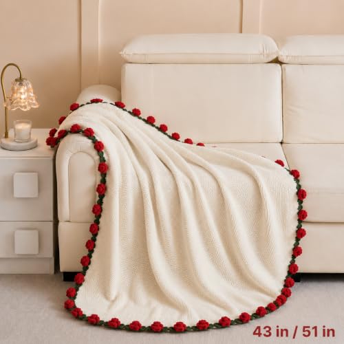 Rose Crochet Flower Bouquet Blanket, Handmade Knitted Throw Blanket - color: White, size: Medium