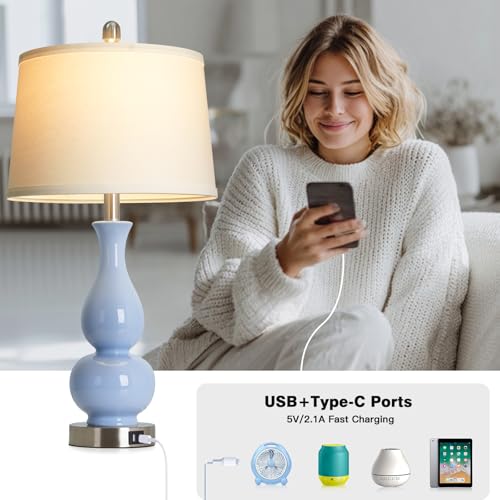 CINSARY 27" Blue Gourd Ceramic Lamps Set of 2, Coastal Ceramic Table Lamps for Living Room with USB A+C Ports, Classic Bedside Lamp for Nightstand, Tall Lamps for Bedroom Side End Table Home Decor - color: Blue