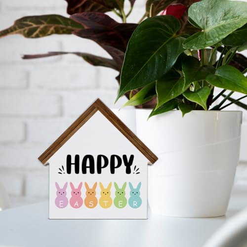 Easter Decor, Happy Easter House Shaped Wood Block Sign - color: HAPPY