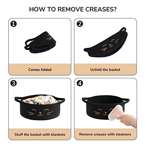 Small Woven Rope Cat Toy Basket with Cat Face Design, Black - color: Black, size: 9.8"W x 4"H