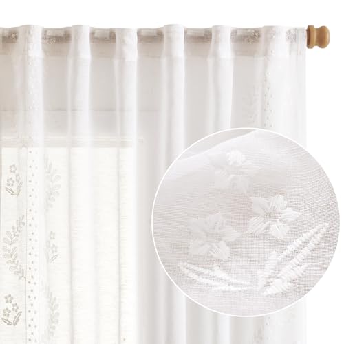 jinchan Floral Linen Curtains, Back Tab 50x63 Inch, 2 Panels White - color: S | White, size: 50"W x 63"L (Pack of 2)