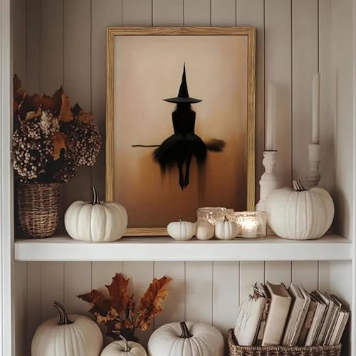 Framed Vintage Witch Wall Art, Minimalist Halloween Witch Canvas Prints, Spooky Gothic Dark Academia Witches Painting, Rustic Aesthetic Halloween Wall Decor for Bedroom Living Room 12x16 inch - color: Dark Witch, size: 16"L x 12"W