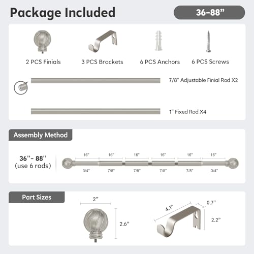 Silver Curtain Rods for Windows 48 to 84 Inch 7/8"" Diameter - color: Silver, size: 36"-88"|1 Pack