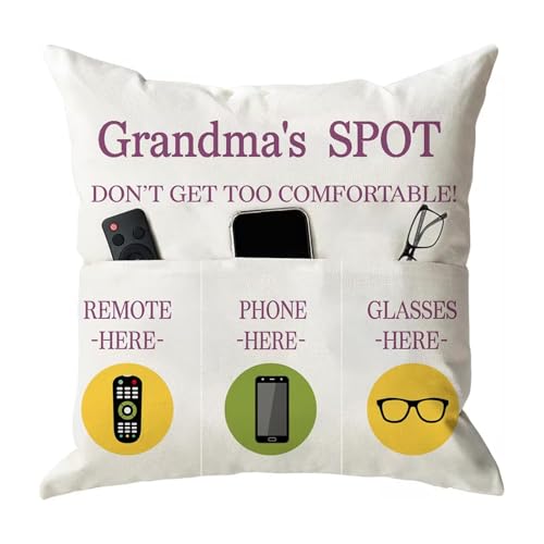 ONFAON Grandma Gifts, Grandma's Spot Throw Pillow Covers 18x18 Inch,Put Phone Glasses and Remote Control Pillowcase,Birthday Christmas Thanksgiving Day Gifts for Grandma Mom,3-Pocket - color: Grandma 3-pocket