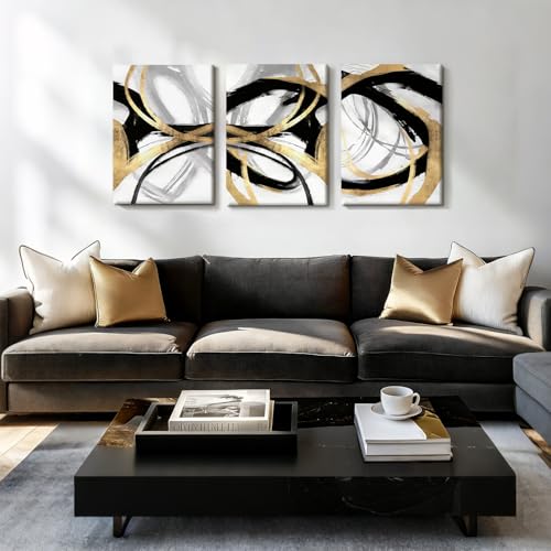 LYYGLYY 3Pcs Framed Abstract Black and Gold Canvas Wall Art 16x24 Inches - color: Dancing Lines, size: 16x24 Inches